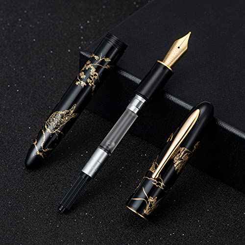 HONG DIAN Hongdian N23 Black Rabbit Fountain Pen, Long Blade Medium Nib Gold Trim, New Year Lucky Rabbit Carving Design, Smooth Writing Pen with Converter and Metal Pen Box Set