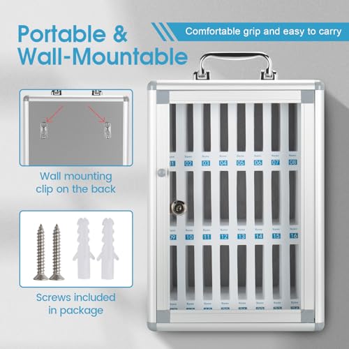 Glosen 24 Slots Cell Phone Locker, Portable Phone Storage Cabinet [Wall Mounted] [Aluminum Alloy] Cellphone Lock Box with Key & Handle for School Classroom Office Exam (Silver)