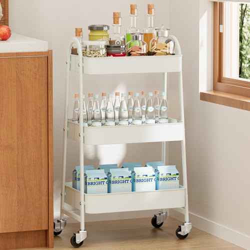 OLIXIS 3 Tier Utility Rolling Cart with Lockable Caster Wheels, Metal Mobile Storage Shelf, Organization for Livingroom, Bathroom, Kitchen, & Narrow Places, Cream White
