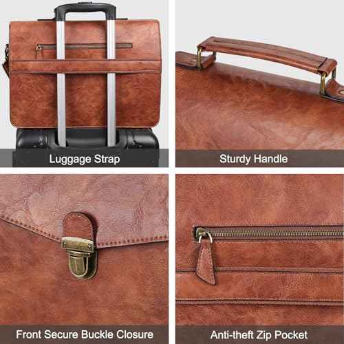 ESTARER Mens Leather Briefcase 15.6 Inch Laptop Messenger Bag, Computer Shoulder Bag Professional Office Satchel for Work Business, Brown