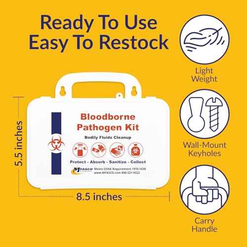 MFASCO Blood Borne Pathogens Clean Up Kit - Wall-Mountable or Portable - OSHA Compliant - Disposable Protection Gear - Bleach-Free Solidifier - Easy Cleanup - Compact Design - Refillable - 9 Pcs