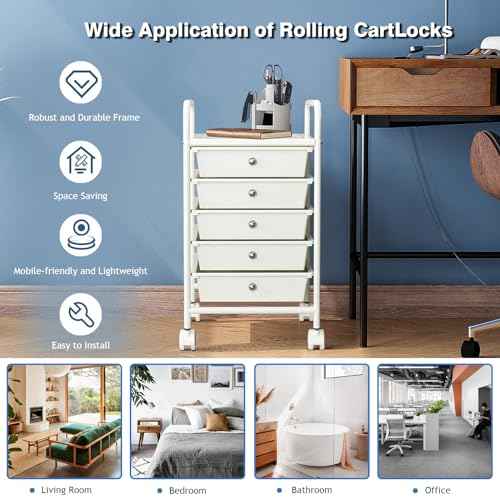 5-Tier Rolling Cart with 5 Drawers, Rolling Utility Cart with 2 Lockable Caster Wheels, Multipurpose Mobile Rolling Storage Drawer Cart for Office Bathroom Kitchen, Ivory White