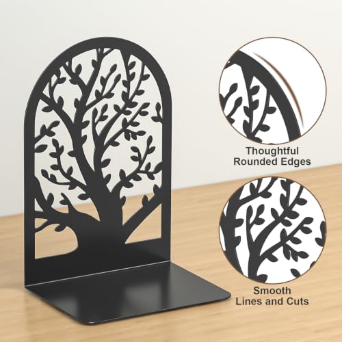 VFINE 2 Pairs Tree Book Ends - Black Metal Decorative Bookends for Shelves - Style-A