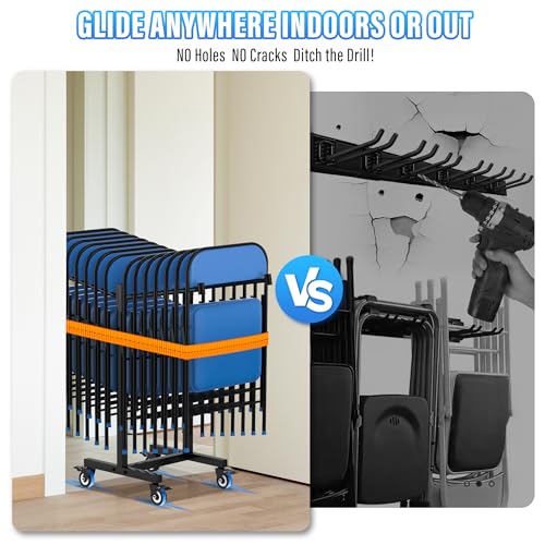 Folding Chair Rack,Chair Cart-Holds 12 Chairs,Compact Folding Chair Storage Rack-Adjustable Height,Sturdy Folding Chair Cart with 4 Locking Wheels and Pull Rope for Home,Office