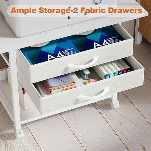 Large Printer Stand with Storage Fabric Drawer Under Desk Printer Table with Wheels for Home Office, Printer Cart fit Fax Machine Scanner 23.4"x15.7" (White, 2 Tiers)