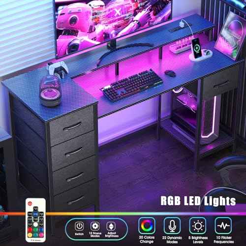 47 Inch Computer Gaming Desk with Power Outlets & LED Lights Reversible Home Office Desk with Adjustable 5 Fabric Storage Drawers for Working Writing Study, Carbon Fiber Black