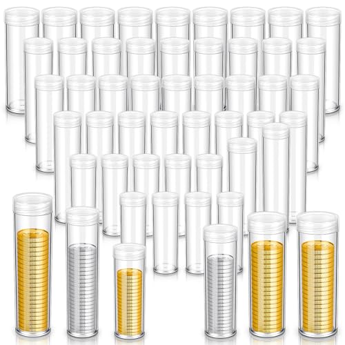 Yaomiao 60 Pcs Plastic Coin Tubes Assorted Sizes Nickel Dime Storage Tubes with Lid Quarter Storage Holders Half Dollar Containers Round Dollar Collection Supplies