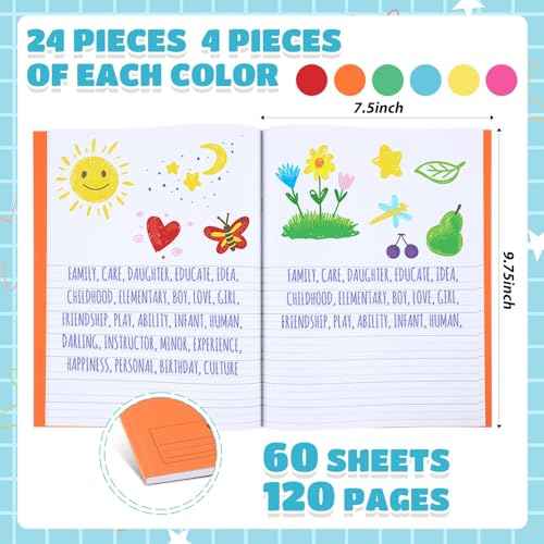 Henoyso 24 Pcs 120 Pages Primary Composition Notebooks K-2 9 3/4 x 7 1/2 Inch Journals Primary Journals Blank Books for Kids to Write Stories Kindergarten (Colorful)