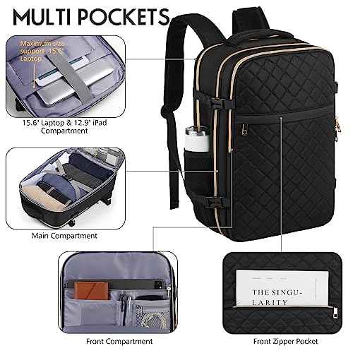 MOMUVO Travel Backpack for Women, Carry On Backpack Airline Approved with 3 Packing Cubes, 15.6 Inch Laptop Backpack with USB Charging Port, Casual Daypack for Weekender Business College, Black