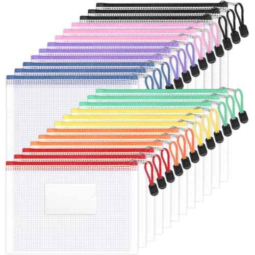 Sooez 24 Pack Mesh Zipper Pouch Bags with Label Pocket, A5 (9.4¡¿6.8 in) Small Pencil Case Pouch for Organizing, Clear Plastic Pencil Pouches Bulk for School Supplies Storage, Money Envelopes for Cash