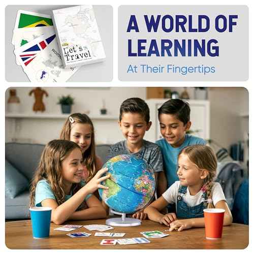 9" Illuminated Educational Kids World Globe + STEM Flags & Countries Interactive Card Game. 3 in 1 Children Desktop Spinning Earth Political & Constellation Maps, LED Night Light Lamp