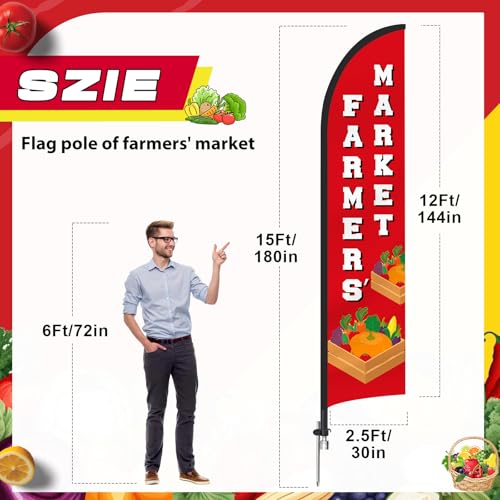 15 ft Farmers Market Advertising Feather Flag with Pole and Ground Stake, Fresh Produce Farmers Market Swooper Flag Banner Decor for Fruits Vegetables Fresh Produce Food Business Stands
