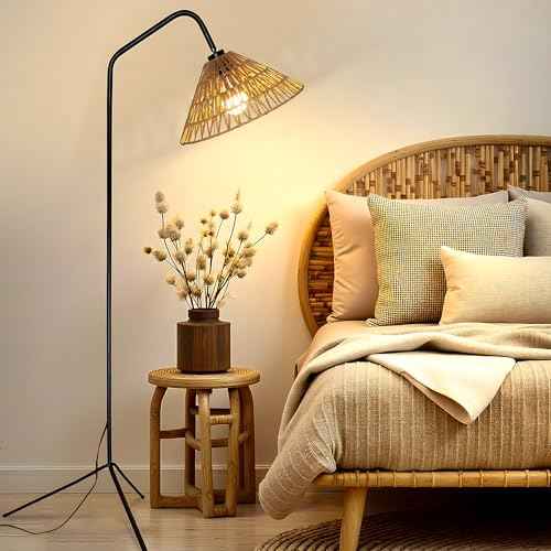 2025 Arc Floor Lamp with Paper Rope Shade Tripod Feet Floor Lamp Boho Style Natural Materials Standing Lamp for Bedroom Living Over Couch Reading Lamp