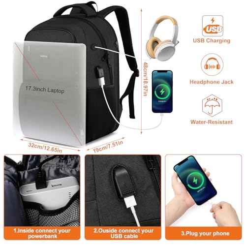 17.3 Inch Laptop Backpack Insulated Cooler Backpack with Lunch Box,Lunch Bookbag for Men Teens Boys School Work Picnic College Travel,Computer Bag Meal Prep with USB Charging Port,Black