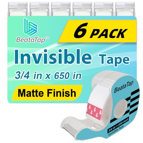 BeataTap 3/4 Inch Invisible Tape Dispenser Pack - 6 Rolls Matte Finish Writable Clear Gift Wrapping Tape