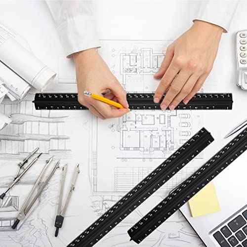 Macarrie 10 Pcs Architectural Scale Triangular Ruler 12" Architect Engineers Scale Ruler Set Aluminum Metal Ruler with Imperial Measurements for Architect Student Draftsman Engineer (Black)