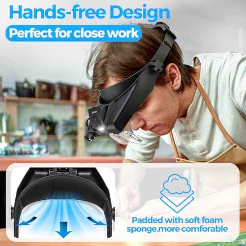 Magnifying Glasses with Light, Versatile Magnifying Glasses for Close Work, 1x - 14x Headband Magnifier with 5 Lenses & Two Led Lamps, Hands-Free Jewelers Loupe Visor for Hobby, Crafts