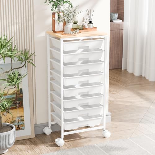 Ekisemio 8-Drawer Rolling Cart with Wooden Top, Locking Wheels — Portable Utility Cart for Home Office Classroom
