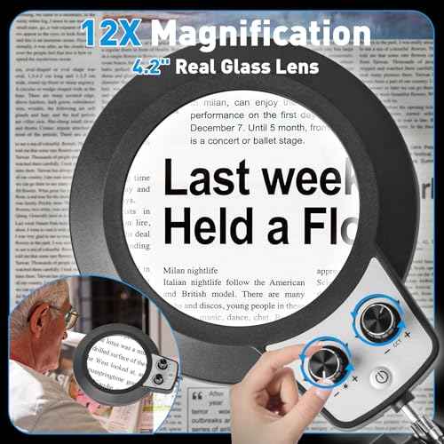 KIRKAS 12X Magnifying Glass with Light, Long Swing Arm, Any Color Modes & Stepless Dimming LED Magnifying Lamp with Clamp, Memory Function Lighted Magnifier for Crafts, Reading, Hobby, Close Work