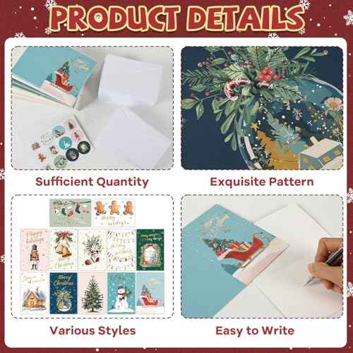 240 Sets Christmas Cards Bulk with Envelopes and Stickers Holiday Merry Christmas Greeting Cards Set 12 Assorted Designs Xmas Note Card Set Blank Inside for Winter Theme Xmas Gift