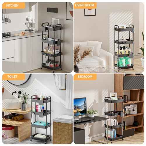 4 Tier Rolling Utility Cart with Handle,REBECAT Utility Cart Made of Multifunctional Storage Organizer Tool for Kitchen,Bathroom,Living Room,Office(Black)