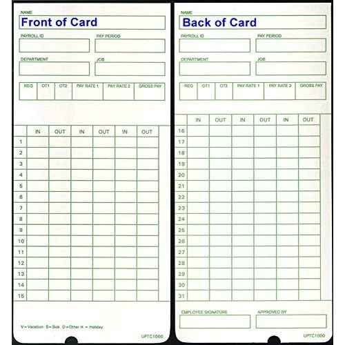 300 Time Cards for uPunch HN3000 AutoAlign Time Clock (uPTC1000-1 fits HN1000, HN1500, HN3000, HN3500, HN3540, UB1000) Non-Calculating Compatible