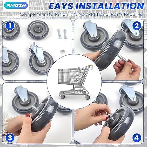 Shopping Cart Casters Replacement, 16 Pack 5-inch Diameter Cart Wheels with Axles Bolts, Silent Supermarket Caster (Blue)