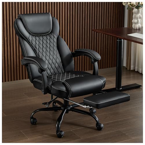 Amseatec Big & Tall Office Chair with Footrest, Lumbar Support, Black, 300Lbs Capacity
