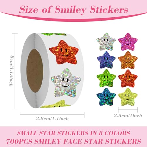 Colorful Smiley Face Star Stickers for Kids Reward, 700 Pcs, 1 Inch, 8 Colors