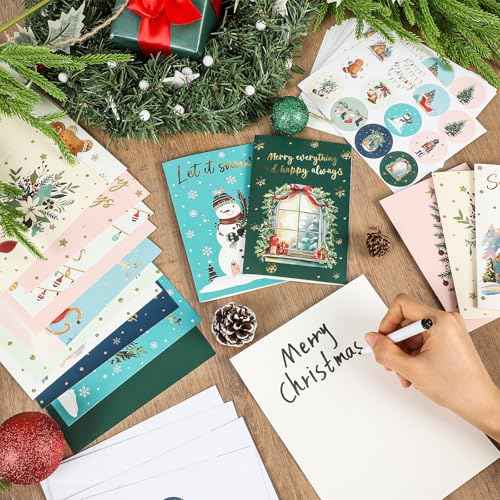 240 Sets Christmas Cards Bulk with Envelopes and Stickers Holiday Merry Christmas Greeting Cards Set 12 Assorted Designs Xmas Note Card Set Blank Inside for Winter Theme Xmas Gift