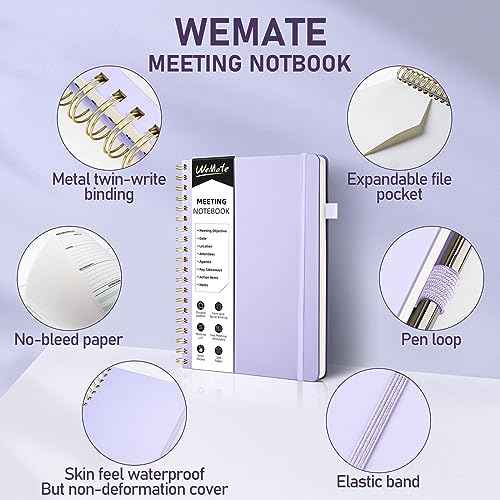 WEMATE 5 Pack Meeting Notebooks for Work£¨7"x10"£© 200 Pages, PU Leather Notebook with Action Items & Note, For Staff & Students, Meeting, Projects Planning- Light Purple, Blue, Rose Gold, Green, Black