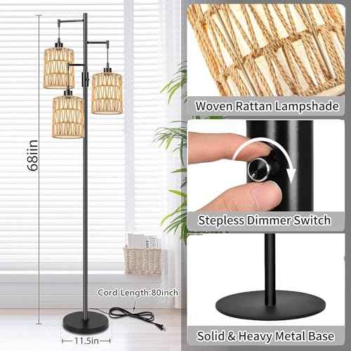 Boho Floor Lamp for Living Room Bedroom-3 Light Dimmable Floor Lamp with Three Led Bulb, Rustic Tall Lamp Black Standing Lamp Tree Floor Lamps for Living Room Bedroom,Office,Corner