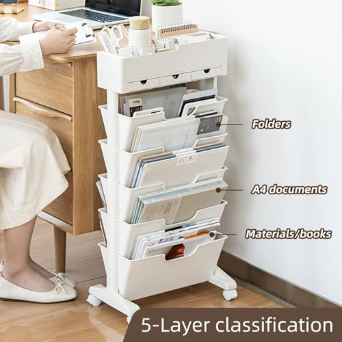 White 5-Tier Rolling Books Cart - Multi-Functional Storage Shelf