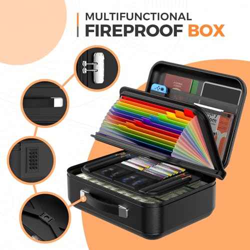 Fireproof Document Box with Combination Lock, Fireproof Water Resistant Hard Case Safe Box for Important Documents Certificates Laptop Passports (Black)