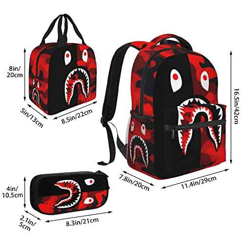 Backpack Shark Teeth Camo Backpacks Set with Lunch Box Pencil Case Travel Laptop Daypack Big Capacity Bookbag Fashion Durable Back Pack StyleSH