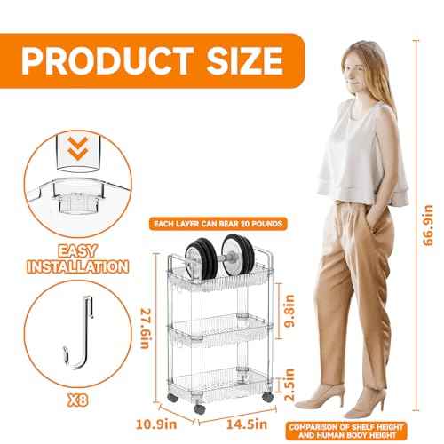 SuoXing 3 Tier Rolling Cart,Utility Cart on Wheels,Modern Clear Rolling Storage Cart for Bedside,College Must Haves Dorm Storage,Trolly Storage Rack for Art,Diaper Caddy,Snack,Lash Cart Organizer