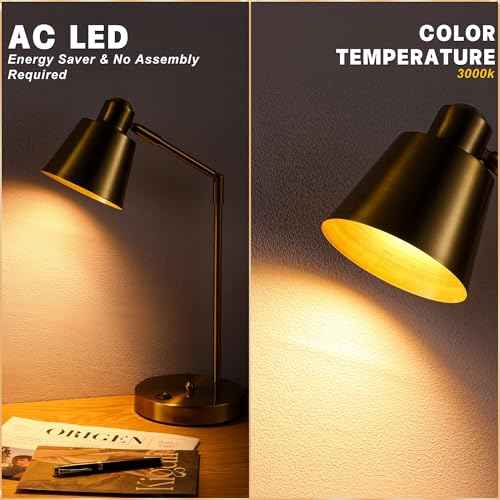 LED Desk Lamp with Dual USB Charging Ports, 100% Metal, 270¡Æ Swivel Arms, Soft White Light (3000K), Bedside Reading Lamp, Home Office Lamp(Golden)