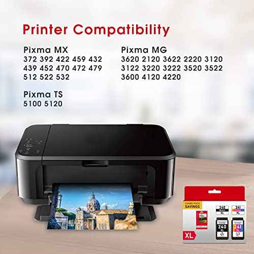 PG-240XL CL-241XL Ink Cartridges Replacement for Canon 240 241 Black and Color Remanufactured 240XL 241XL Combo Pack use to Canon PIXMA MG3620