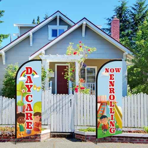 2 Set 7 ft Now Enrolling Day Care Feather Flag with Pole Kit and Ground Stake Weatherproof Polyester Now Enrolling Banner Marketing Sign for Schools Child Care Business Advertising