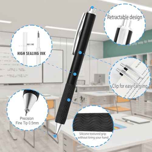 Black Gel Pens, 50 Pack Black Pens Bulk 0.5mm Black ink Fine Tip Pen, Smooth Writing, Click Gel Ink Roller Ball Pen for Office, nurses, families, and school diaries