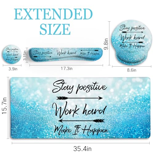XXL Blue Positive Desk Mat Set with Wrist Rests – Large Mouse Pad & Accessories