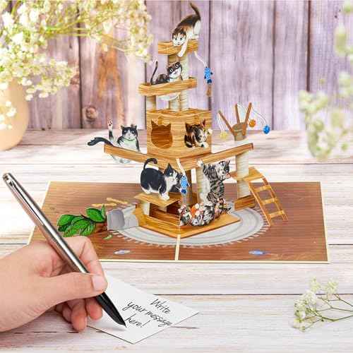 Cat Tree Pop Up Card, Funny Cats, 3D Greeting Card, Gifts for Birthday, Valentines day, Mothers Day, Fathers Day, Cat Person, 5x7 - Includes Envelope And Message Note