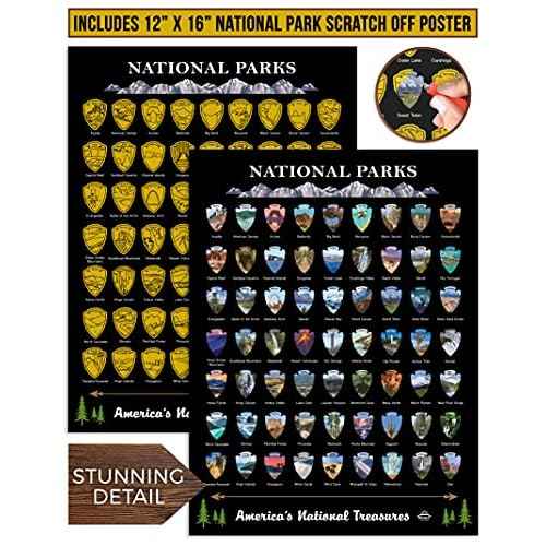 Scratch Off Map of USA + 63 National Parks Bundle (24x17 US Map & 12x16 NP Poster, Black/Gold) - Giftable Travel Tracker Kit with Scratch Pen and Cloth