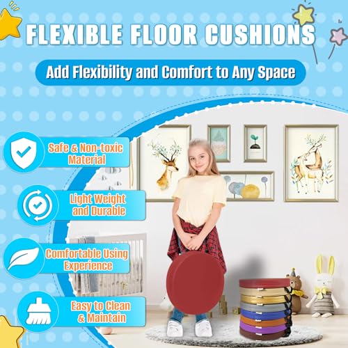 8 PCS 16 Inch Round Floor Cushions with Handle, Flexible Seating for Classroom | Waterproof Synthetic Leather Round Cushions | 16''x16''x2'' Floor Pillow for Home, Yoga and Meditation