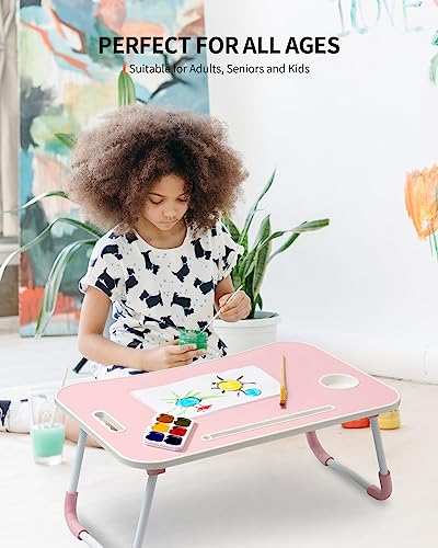 Pink Foldable Laptop Desk with Cup Holder & Tablet Slot - Portable Bed & Office Stand