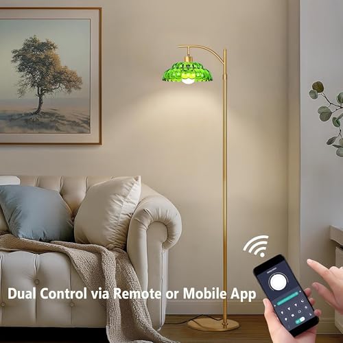 Dimmable Glass Floor Lamp, Mid Century Standing Lamp with Green Glass Shape, Modern Tall Lamp with Remote, Standing Floor Lamps for Living Room, 12W LED Bulb Included