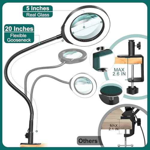 10X Magnifying Glass with Light and Clamp, 5 Inch Real Glass Magnifying Desk Lamp with Stand, Long Gooseneck, 5 Color Modes Lighted Magnifier Hands Free for Crafts Painting Jewelry Close Work