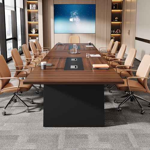 Tribesigns 8ft Conference Table, Modern Office Meeting Room Table with Cable Management, Large Business Seminar Furniture for Boardroom, Walnut and Black