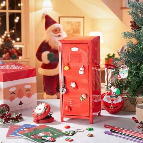 12 Pcs Christmas Mini Locker 10.8 Inch Miniature Storage with Lock and 2 Keys Small Cute Functional Locker for Desktop Bedroom Home Office(Red,Santa)