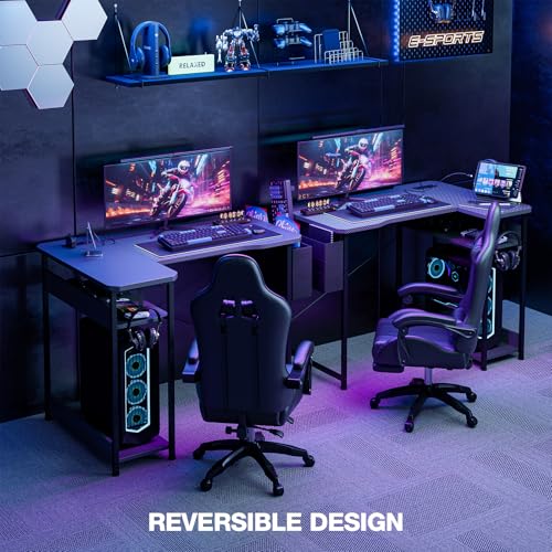 Small Gaming Desk with Power Outlets, 40 Inch L Shaped Desks with Reversible Shelves and Storage Bag,Computer Desk Corner Desk PC Desk for Gaming and Home Office Table,Black Carbon